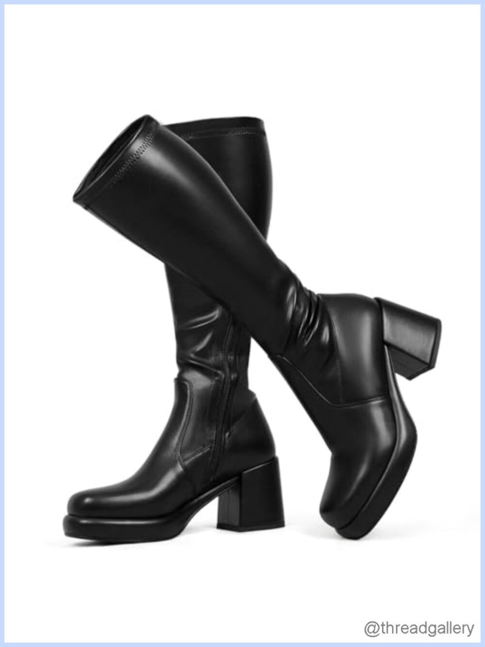 PU Leather Knee High Boots Platform Chunky Heel Side Zipper Stretch Tall Boots